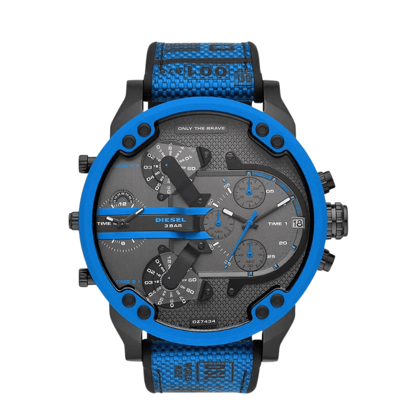 Reloj Diesel DZ7434 Mr. Daddy 2.0 para hombre con esfera gris y correa azul.