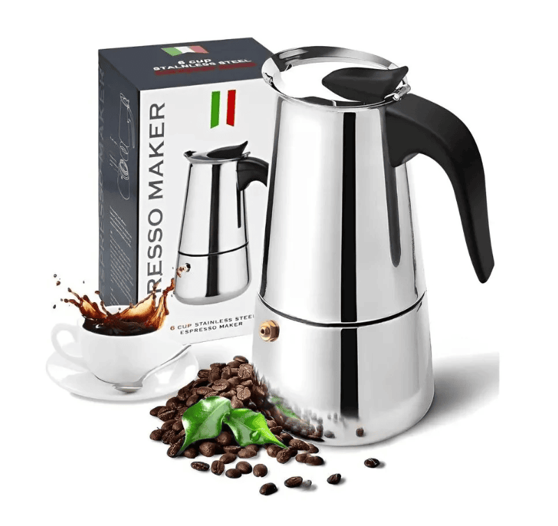 Cafetera italiana metálica Espresso Maker de 12 tazas con asa negra y filtro.