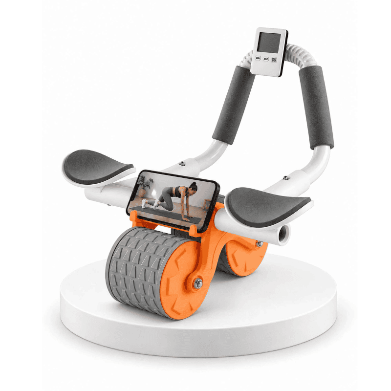 Set de abdominales con rodillo de ruedas dobles, apoyos para brazos y contador digital.